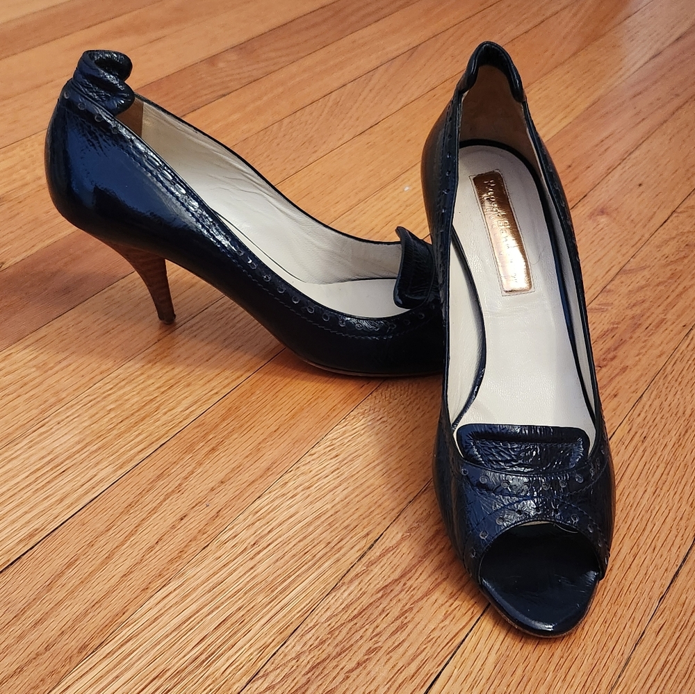 Rupert Sanderson Blue Patent Peep Toe Stiletto sz 41